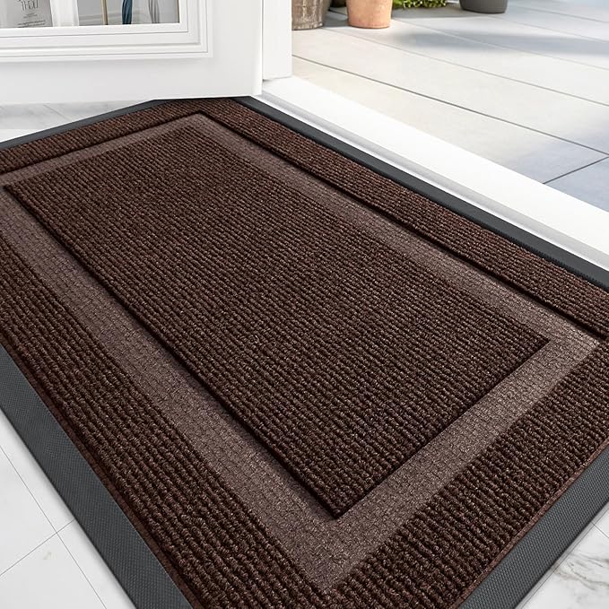 OLANLY Front Door Mat Indoor Outdoor Entrance, Waterproof All-Season, All-Weather Doormat, Sturdy Natural Rubber, Fade Resistant, Low Profile, Easy Clean Patio Porch Entryway Mat, 35x23, Dark Brown