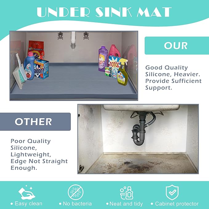 URMONA Waterproof Silicone Under Sink Mat 22'' x 22'' Shelf Liner for Kitchen and Bathroom, Cabinet and Counter Protector, Storage and Organizers, Litter Mat, Pet Cat Puppy Essentials(Light Grey)