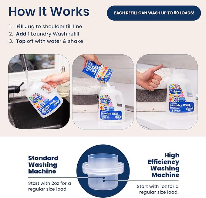 Truly Free Laundry Wash Detergent for Sensitive Skin, Gentle & Safe for Baby Clothes | Plant-Based, Natural Ingredients | Unscented | Include 1 Refillable Bottle (50 Loads)
