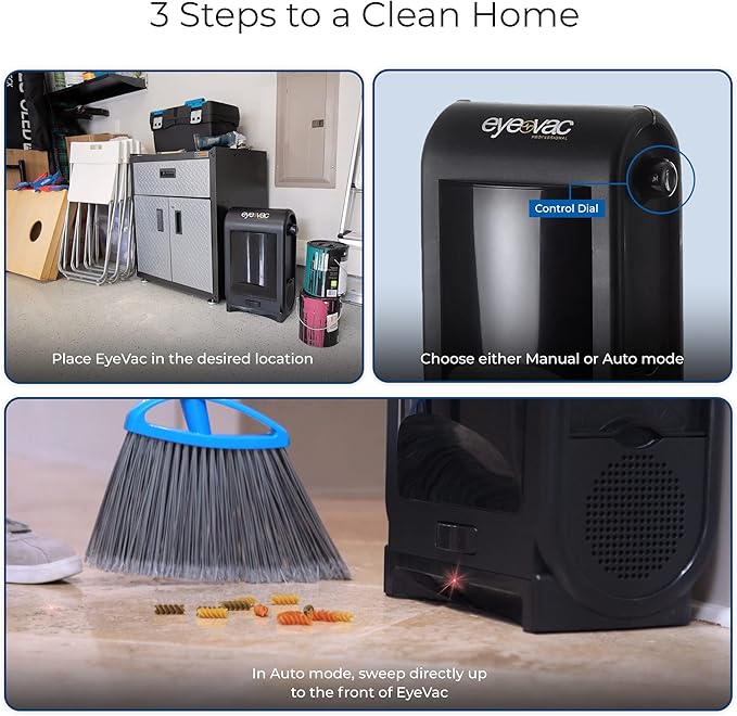 EyeVac Pro Touchless Vacuum Automatic Dustpan - Ultra Fast & Powerful - Great for Sweeping Salon Pet Hair Food Dirt Kitchen, Corded Canister Vacuum, Bagless, Automatic Sensors, 1400 Watt (Black)