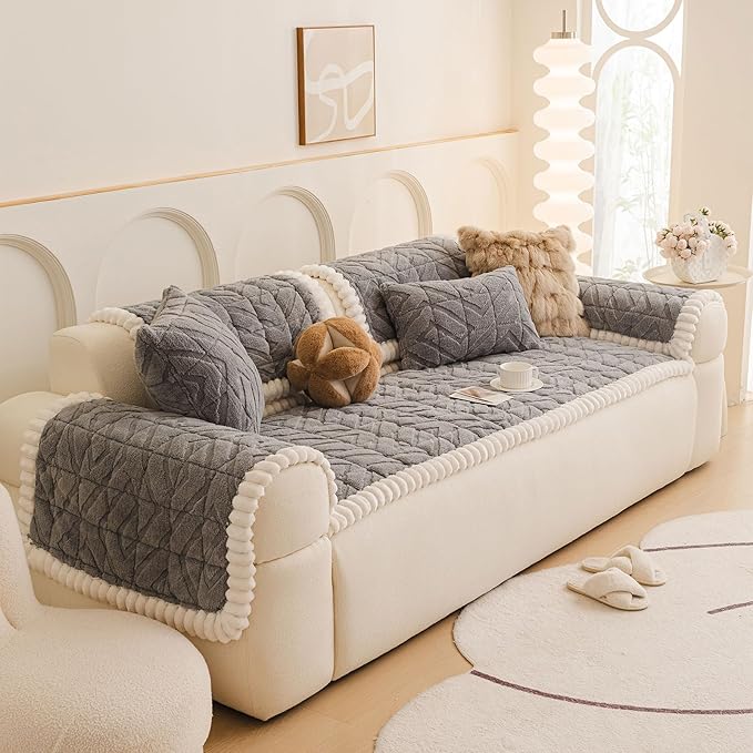 OTOB All Season Couch Cover for Dogs Washable, Non Slip Fuzzy Plush Pet Couch Covers Kids Pet Friendly, Geometric Jacquard Modern Soft Loveseat Sofa Slipcovers Protectors (Gray, 27.6"x59.1")