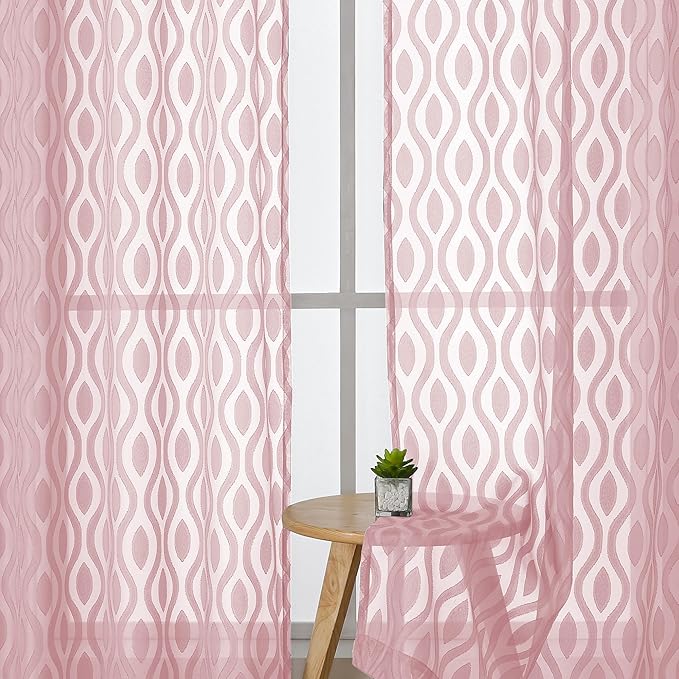 Aiyufeng Sheer Pink Curtain 45 Inch Length 2 Panels Set, Farmhouse Clip Jacquard Textured Short Window Curtains, Lightweight Chic Wavy Line See Through Curtains for Bedroom, 40" Wx45 L Inches