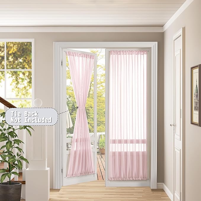 Tollpiz Sheer Door Curtains Closet Linen Textured Curtains Sheer Doorway Light Filtering Voile Rod French Door Pocket Curtain Patio Glass Door, 25 x 72 inches Long, Pink, Set of 1 Panel