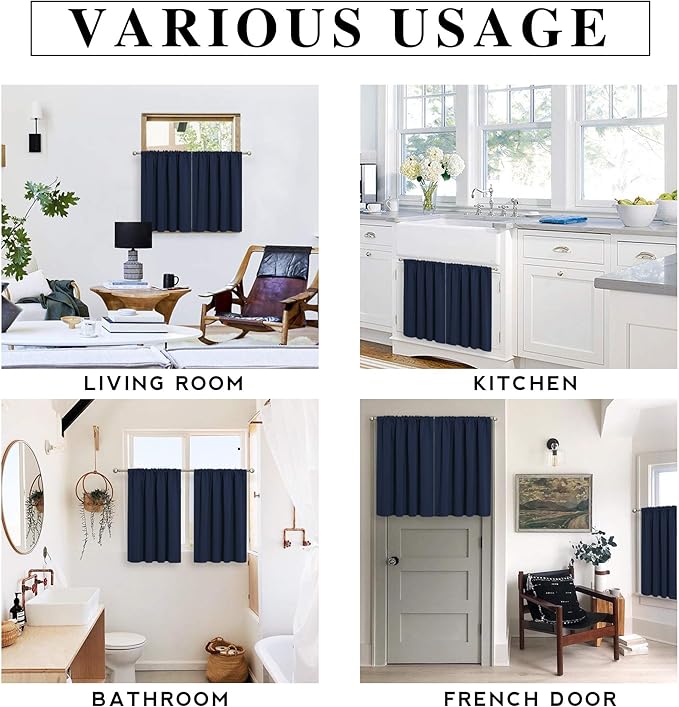 RYB HOME Half Window Curtains - Room Darkending Privacy Curtains Short Drapes for barhroom Kids Nursery Bedroom, W 29 x L 24 Each, Navy Blue, 2 Panels