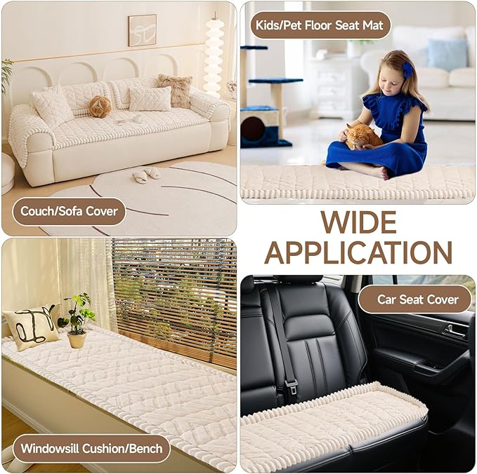 OTOB Pet Couch Covers for 3 Cushion Couch Sofa, Washable & Non Slip Fuzzy Plush Sofa Cushion Covers, All Seasons Geometric Jacquard Modern Soft Dog Bed Mat Slipcovers Protector (White, 27.6"x70.9")