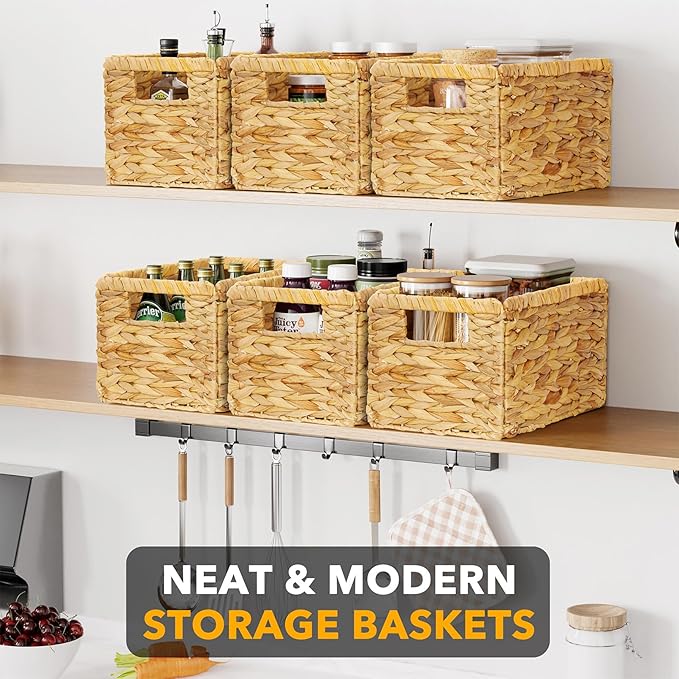 SpaceAid 6 Pack Wicker Basket, Storage Baskets for Organizing, Woven Rattan Basket with Handles for Shelves, Water Hyacinth Large Cube Organizer Storage Bin, 13x8.2x7 inch, Natural