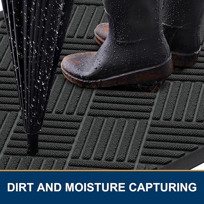 Smiry Front Door Mat Outside Entrance, Heavy Duty Outdoor Indoor Natural Rubber Doormat, Non Slip, Trap Dirt and Moisture, Easy Clean, Low Profile Patio Porch Entryway Mat, 59x35, Black