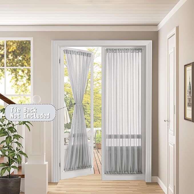 Tollpiz Sheer Door Curtain Closet Linen Textured Curtains Sheer Doorway Light Filtering Voile Patio Glass Door Rod Pocket Curtain French Door, 54 x 72 inches Long, Silver Grey, Set of 1 Panel