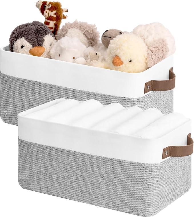 StorageWorks Narrow Storage Bins, Small Basket for Closet and Shelves, Rectangular Fabric Organizer with Handles, Toilet Paper Storage, Gray and White Stripes, 2-Pack