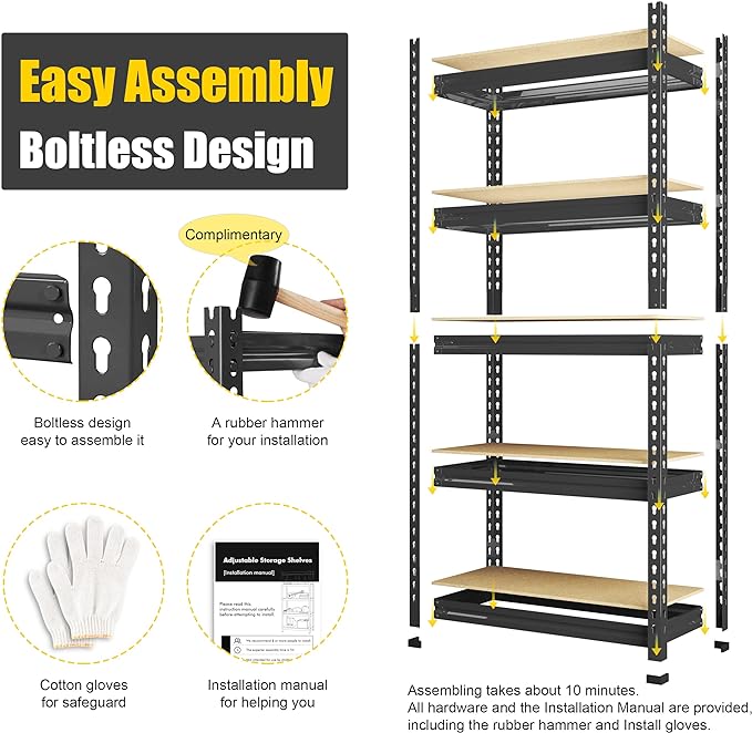 PrimeZone Storage Shelves 2 Pack 5 -Tier Heavy Duty Shelf, 1325 lbs /Pack Capacity Adjustable Metal Garage Storage Rack, Shelving Unit Rack 28" x 12" x 59" for Warehouse Pantry Closet Kitchen Black