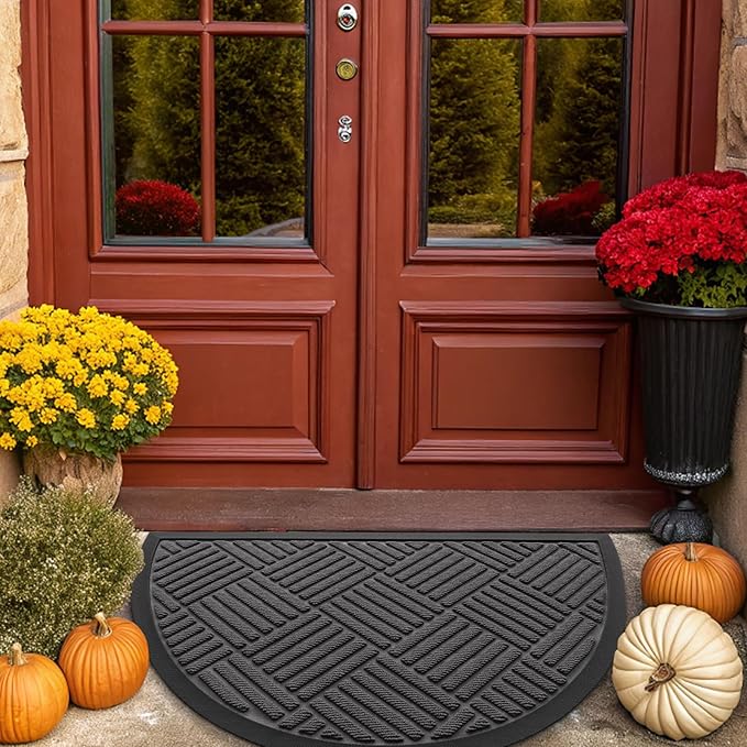 Smiry Half Circle Front Door Mat Outside Entrance, Heavy Duty Outdoor Indoor Natural Rubber Doormat, Non Slip, Trap Dirt and Moisture, Easy Clean, Low Profile Patio Porch Entryway Mat, 29.5x17, Grey