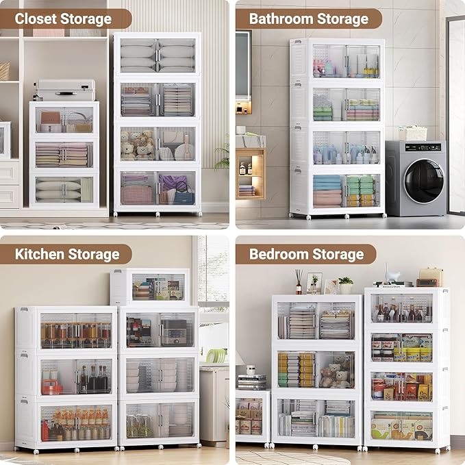 BROVIEW 800 Qt Plastic Storage Bins with Lid, Doors & Wheels, 4Pack Extra Large Stackable Collapsible Storage Bins, Closet Organizers and Storage Drawer, Foldable Cabinets for Home Office, White