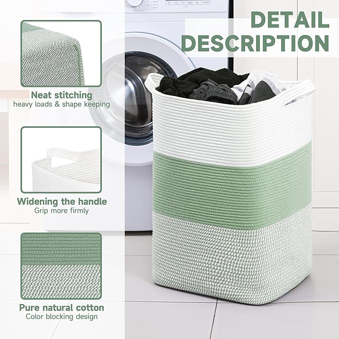 CLHMILY&Z 75L Laundry Basket Rectangular Green Rope - 16x13x22 Inches - Dirty Clothes and Soft Storage Bin for Blankets, Toys, and Nursery Essentials