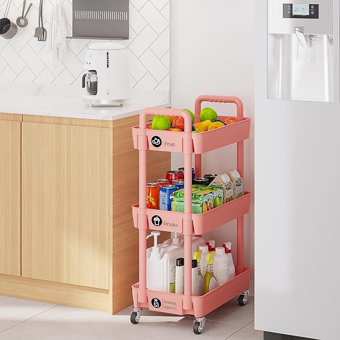 Laiensia 3-Tier Rolling Cart with Wheels,Multifunction Utility Storage carts, Kitchen Storage Organizer,Mobile Shelving Unit for Bathroom,Laundry,with Classified Stickers,Pink