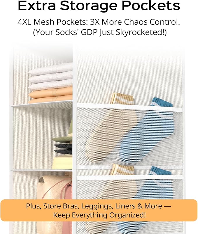 Extra Deep Hanging Closet Organizer with Shelves and Oversized Mesh Pockets, Heavy-Duty Structure, No Deformation, Max Storage for Clothes, Shoes, Hats, Dorms and RVs,1-Pack (White, 5 Tier)