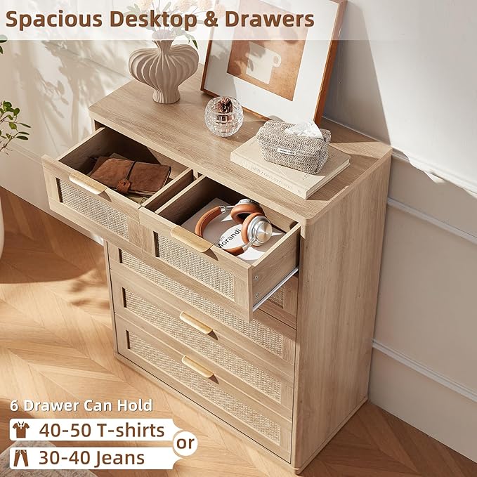 LEYAOYAO Rattan Dresser for Bedroom Set of 2, 42" Tall Chest of Drawers, Modern 6 Drawers Boho Dressers with Storage, Light Oak Dresser Wooden Closet Organizer for Living Room, Hallway, Natural Wood