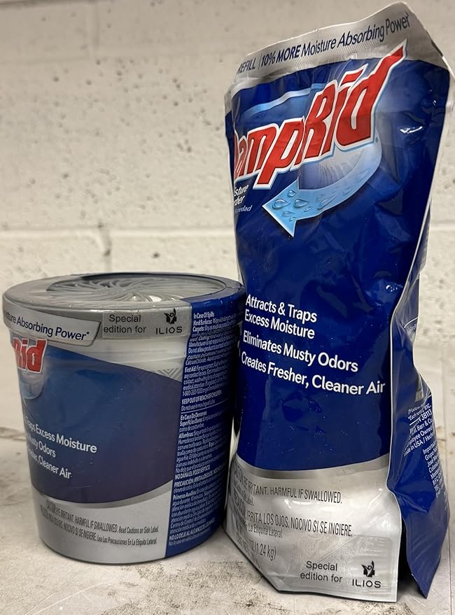 Damp Rid Refillable Moisture Absorber, Includes Single Damp Rid Fresh Scent 11oz. Cup & 44oz. Refill Bag - Moisture Absorbers for Closet, 10% More Absorbing Power*, Cleaner Air - ILIOS Packaging.