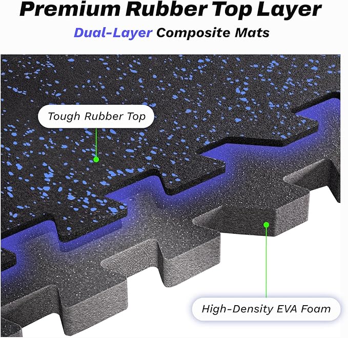 AIRHOP 0.56in Thick 48 Sq Ft Exercise Equipment Mats, 12 Tiles Upgraded Rubber Top with High Density EVA Foam, Large Interlocking Puzzle Gym Flooring for Home Gym, Heavy Weight Workout,Black & Blue