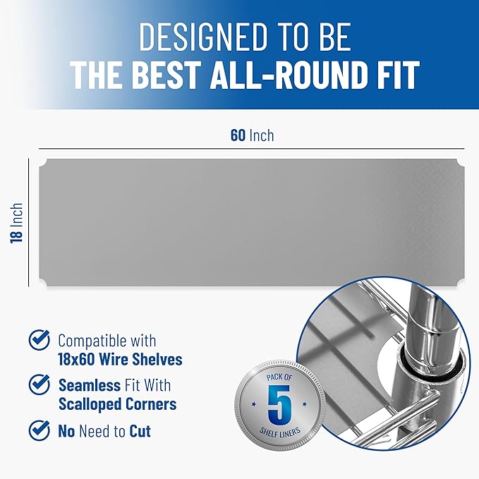 Shelf Liners for Wire Shelf System: Set of 5 in Graphite: 18 x 60 inch: Plastic Wire Shelving Shelf Mats