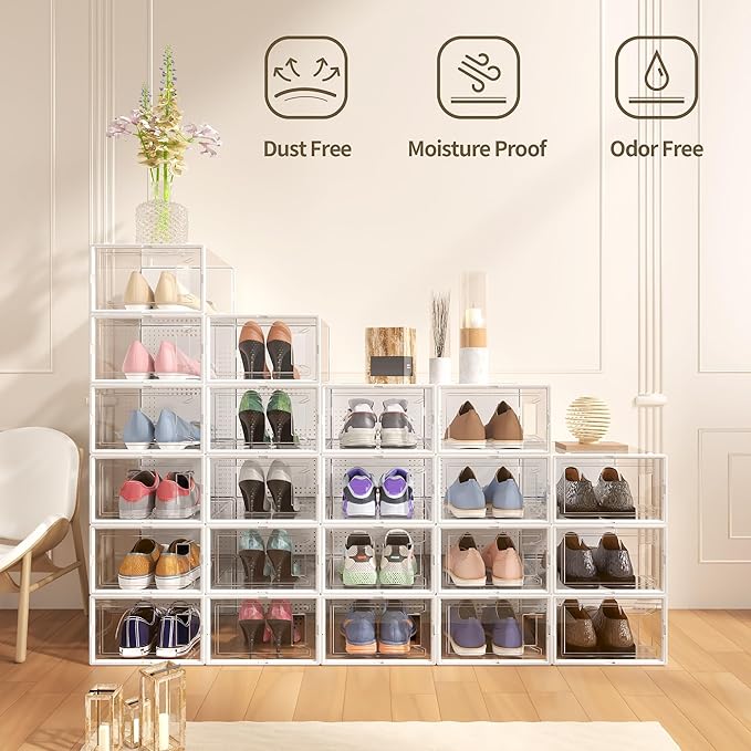 Secret Space 12 Pack X Large Shoe Organizer Storage Boxes for Closet, Modular Space Saving Shoe Boxes Clear Plastic Stackable Sneaker Containers Display Case with Lids, White