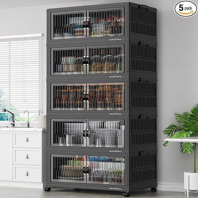 BROVIEW 600Qt Stackable Storage Bins with 5 Lids, Extra Large Closet Organizer Collapsible Drawer Boxes with Wheels, Folding Plastic Cabinet Containers for Home Kitchen Room Organization, 5Pack Black