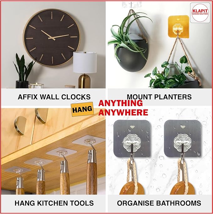 KLAPiT Super Hook - Heavy-Duty Adhesive Gold Wall Hooks, Holds Up to 11 lbs, Waterproof, No Damage, Easy Install on Tile, Wood, Stone, Glass & Metal - Made of Steel (Gold, 4pc)