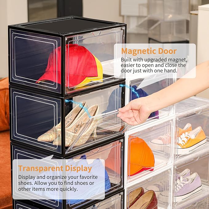 12 Pack Black Shoe Boxes Stackable,Large Shoe Storage Organizer with Magnetic Door,Drop Side Shoe Containers for Entryway,Sneaker Storage Fit up to US Size 12 for Men/Women(13’’x 10.62”x 8.26”