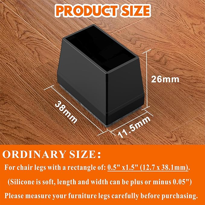 Rectangle Chair Leg Protectors for Hardwood Floors,16 PCS Silicone Covers to Protect Wood Tile Floors Felt Pads Furniture Leg Caps Reduce Noise. Easy to Move.(Black,0.5 x 1.5 Inch,Rectangular)