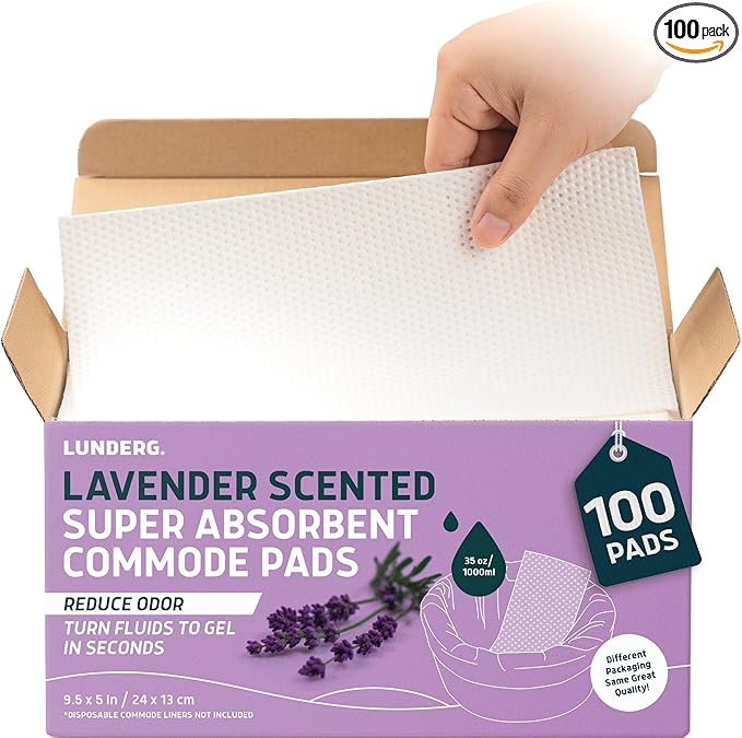 Lunderg Lavender Scented Super Absorbent Commode Pads - Medical Grade Value Pack 100 Count - for Disposable Bedside Commode Liners, Adult Chairs, Portable Buckets & Camping Toilet Bags - Light Scent