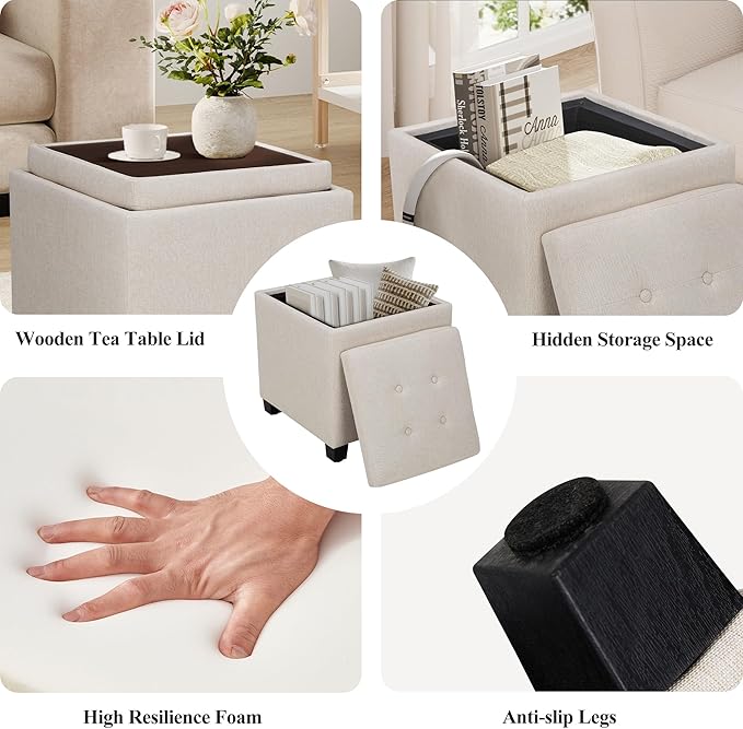 COLAMY Fabric Square Storage Ottoman with Reversible Tray Lid – Multi-Functional Footrest, Hidden Storage, Sturdy & Stylish Small Coffee Table for Living Room, Bedroom, or Entryway(Beige)