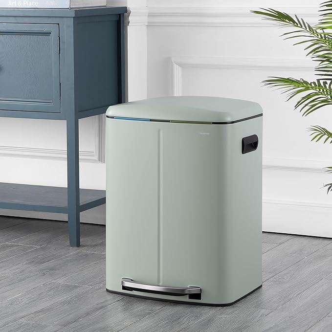 happimess HPM1005E Marco Rectangular 10.6-Gallon Double Bucket Trash Can with Soft-Close Lid, Fingerprint Resistant, Modern, Minimalistic for Home, Kitchen, Office, Bathroom, Pistachio Gelato