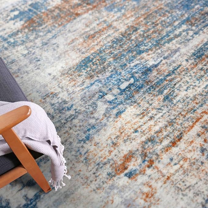 IOHOUZE Abstract Runner Rug 3x8 Ft Washable Runners for Hallways, Non Slip Kitchen Runner Printed Faux Wool Entryway Runner Indoor, Modern Abstract Floor Carpet for Hall Bedroom, Blue Rust