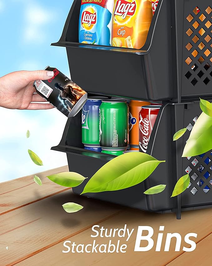 TidyFriend Plastic Stackable Storage Bins for Pantry - 8 Pack Stackable Bins For Organizing Food, Kitchen, and Bathroom Essentials (Black)
