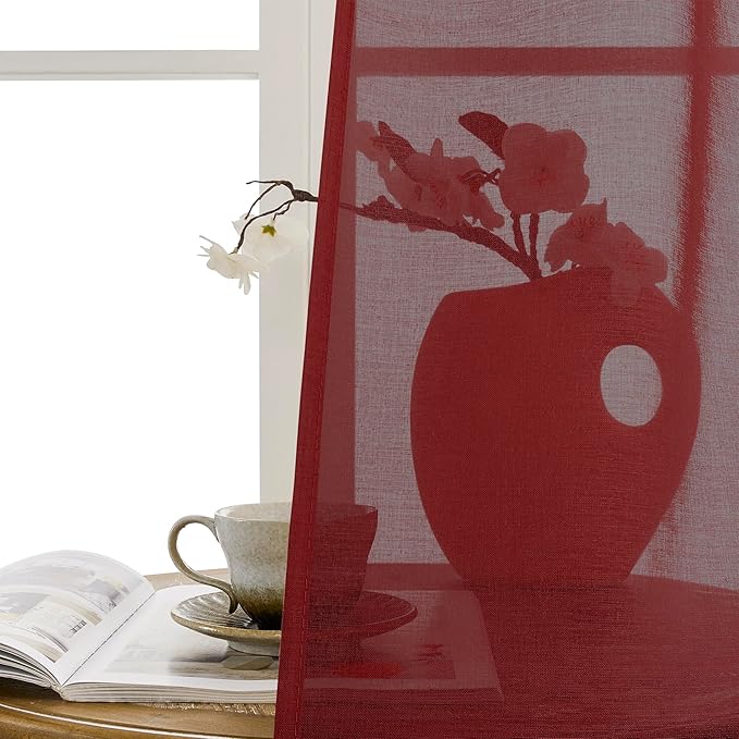 Tollpiz Short Sheer Door Curtains Closet Linen Textured Curtains Sheer Doorway Light Filtering Voile Patio Glass Door Rod Pocket Curtain French Door, 54 x 40 inches Long, Burgundy Red, Set of 1 Panel