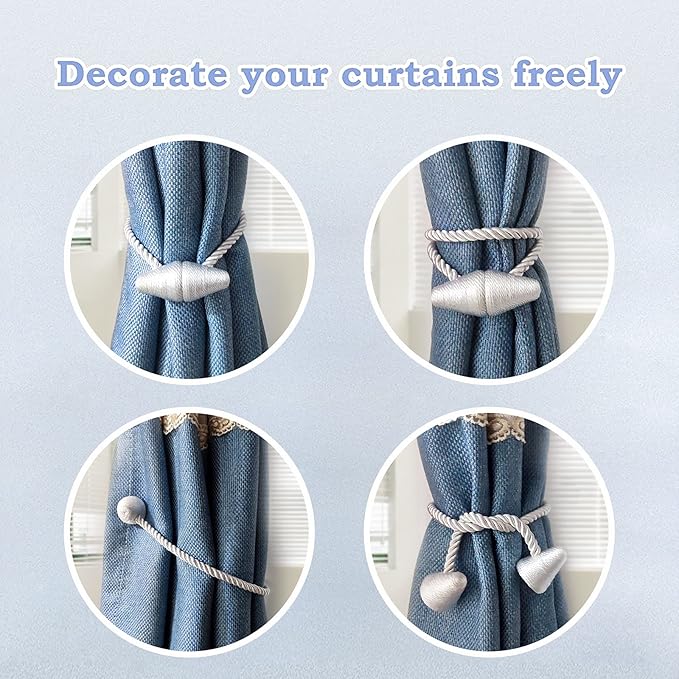 Hion Magnetic Curtain Tiebacks Grey 2pcs, Curtain Tiebacks Buckles Holdbacks Holders Hooks Clip for Home Bedroom Office Decorative Curtain