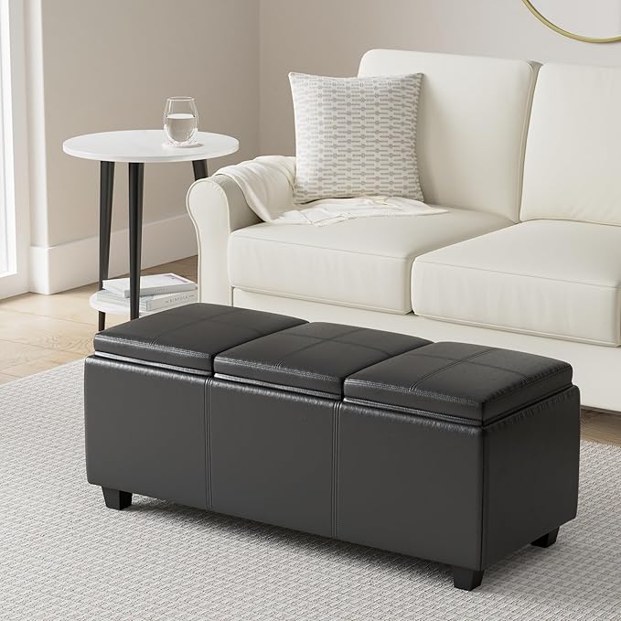 SIMPLIHOME Avalon 42 inch Wide Contemporary Rectangle Storage Ottoman in Midnight Black Vegan Faux Leather, Assembled, For the Living Room, Entryway and Family Room