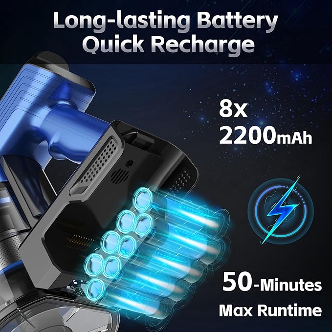Cordless Vacuum Cleaner for Home, 45Kpa Lightweight Stick Vacuum with Powerful Suction, Rechargeable Battery Up to 50mins, Handheld Vacuum Cleaners for Carpets, Pet Hair，Hardwood Floors - Blue