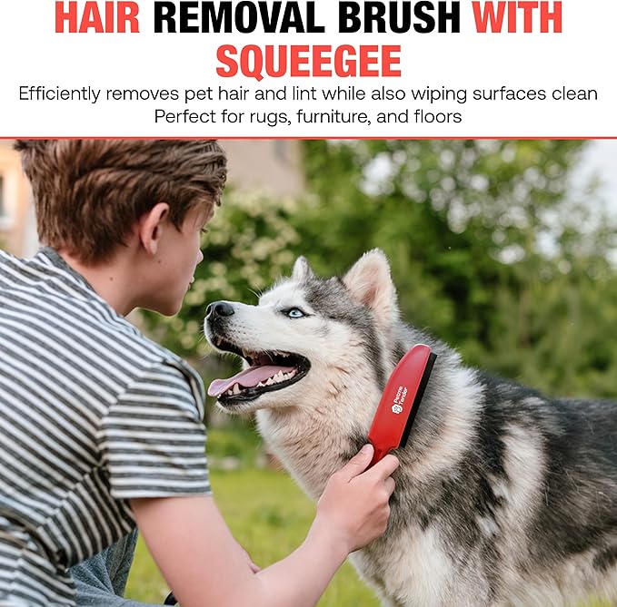 Hybrid Dog Pet Hair Removal Broom with Squeegee – Adjustable Handle Rubber Broom for Pet Hair on Carpet, Hardwood Floors, Tile, & Liquid-Dirt with 2 Portable Hair Brushes & Cloth