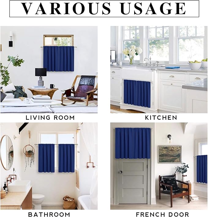 RYB HOME 45 inch Length Curtains for Kitchen, Room Darkening Narrow Window Drapes Thermal Insulated Privacy Covers for Basement RV Camper, W 34 x L 45 inch, Set of 2, Marine Blue