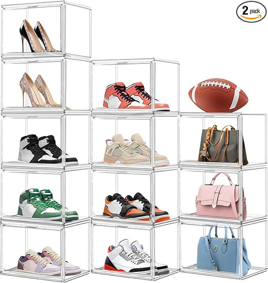 12 Pack Thicken Shoe Rack Organizer for Closet Acrylic Shoe Box with Magnetic Door Sneaker Display Case Handbag Purse Organizer, Fit up to US Size 14