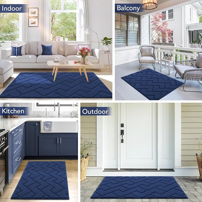 hicorfe Front Door Mat Outside Entrance,36"x59" Absorbent Muddy Dirt Resist Welcome Door Mats Outdoor Indoor,Stain and Fade Resistant,Non Slip Backing Entry Mat Doormat for Entryway(Navy Blue)