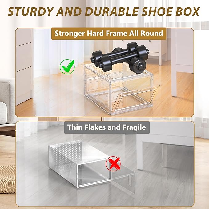 Mitees 10 Pack XX Large Thicken Sturdy Hard Plastic Clear Stackable Shoe Storage Boxes for Size 12, Sneaker Shoe Rack Containers Holders Bins Display Case Organizer for Closet, White