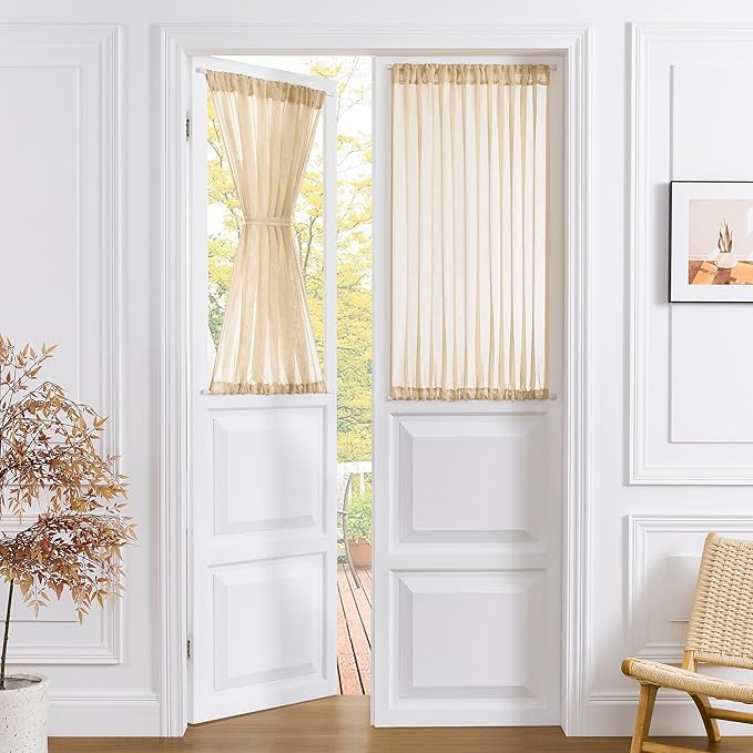 Tollpiz Sheer Door Curtains Closet Linen Textured Curtain Sheers Doorway Light Filtering Voile French Door Rod Pocket Curtains Patio Glass Door, 54 x 63 inches Long, Beige, Set of 1 Panel