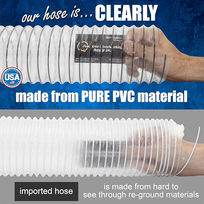PVC Dust Collection Hose w/4 Thumbscrew Clamps, Puncture Resistant, Carbon Steel Wire, Clear Flexible PVC Dust Collector Hose, Proudly Made in USA (4" x 20')