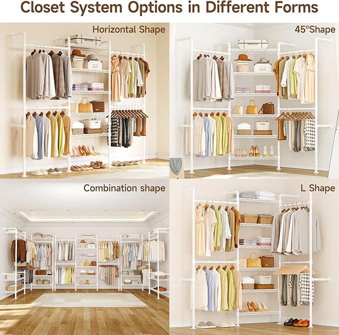 ONBRILL H3 Wall Mounted Closet System, Expandable Industrial Pipe Clothes Rack Clothing Rack for Hanging Clothes, Heavy Duty Closet Organizers and Storage in Wardrobe Closet, White