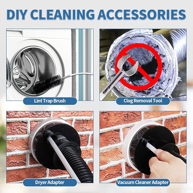 Bluesea 7 Pieces 25 Feet Dryer Vent Cleaner Kit, Reinforced Nylon Dryer Vent Cleaning Kit, Durable Dryer Vent Brush Vacuum Attachment with Flexible Lint Trap Brush, Vacuum & Dryer Adapters