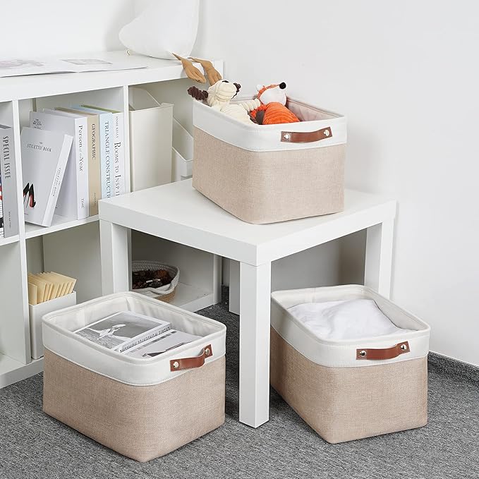 DULLEMELO Fabric Storage Bins, Storage Baskets for Organizing, Collapsible Rectangular Fabric Baskets for Shelves, Empty Gift Baskets (3-Pack Medium-15 inch X 11 inch X 9.5 inch , White&Khaki)