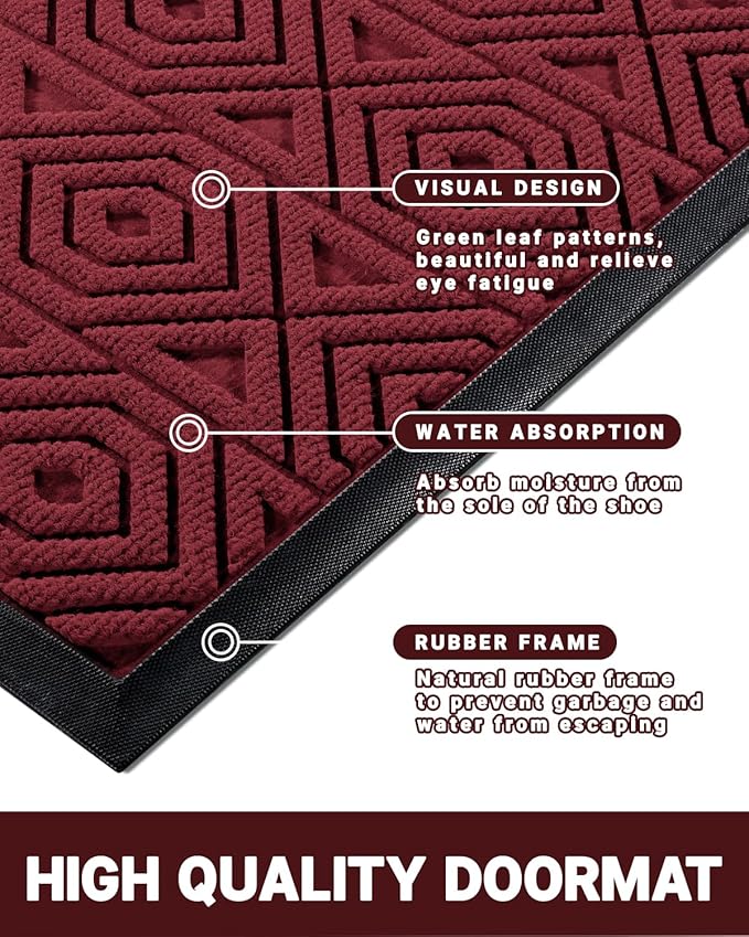 Yimobra Door Mat, Outdoor Indoor Entrance Welcome Mat, Heavy Entry Front Door Mat, Stain & Fade Resistant, Low Profile, Sturdy Rubber, Easy Clean Patio Floor Mat, Waterproof, 47 x 24, Wine Red