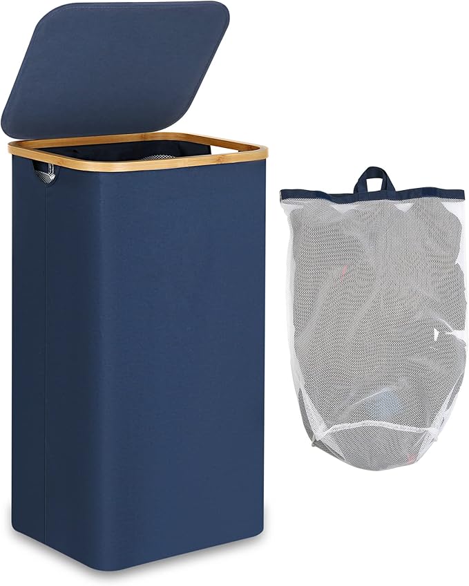 efluky Laundry Basket with Lid and Removable Bag, 100L Tall Laundry Hamper with Bamboo Handles, Aesthetic Dirty Clothes Bin for Laundry Room, Bathroom, Bedroom and Dorm, Blue