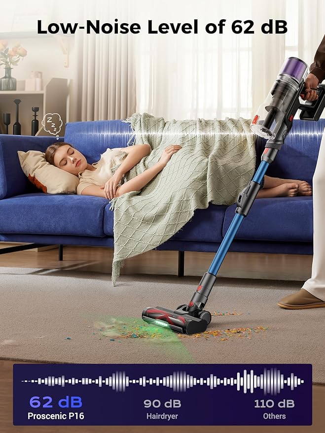 Proscenic Cordless Vacuum Cleaner, 45Kpa 55Mins Runtime, 180°Bendable Wand, Vacuum Cleaners for Home with Green Light, Anti-Tangle Brush, Rechargeable Lightweight Stick Vacuum for Pet Hair, P16(Blue)